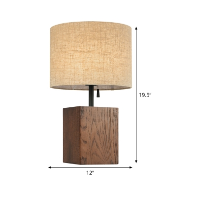 Fabric Cylindrical Task Light Modern 1 Head Flaxen Nightstand Lamp with Wood Base