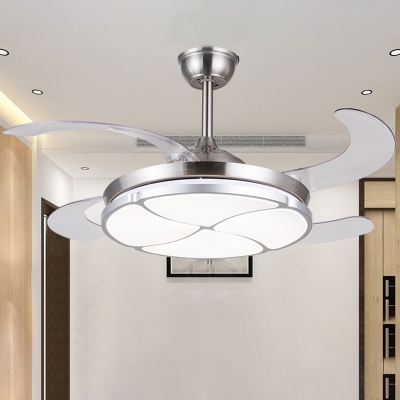 Silver LED Semi Flush Mount Simplicity Metal Clover Hanging Fan Light with 4 Blades for Living Room, 36
