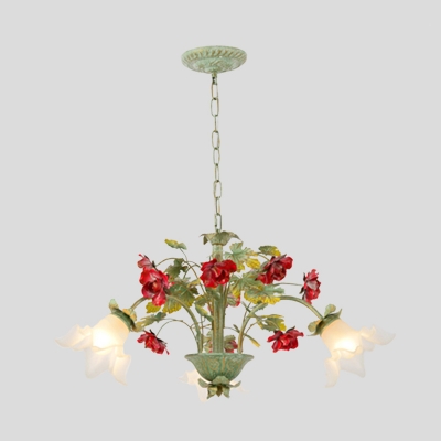 Green Scalloped Chandelier Pendant Light Pastoral Opal Glass 3/5/8 Heads Living Room LED Ceiling Lamp