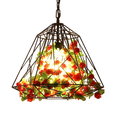 Metal Black Pendant Ceiling Light Caged 1 Bulb Industrial LED Flower Hanging Lamp for Restaurant