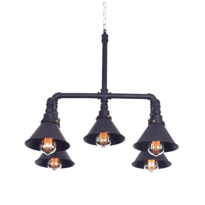 Metal Cone Pendant Chandelier Farmhouse 5-Bulb Living Room Ceiling Hang Fixture in Black/Bronze