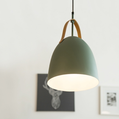 Metal Dome Hanging Lighting Minimalist 1-Light Green/White/Grey Finish Suspension Pendant Lamp with Leather Strap