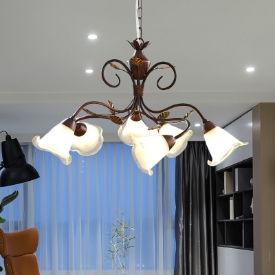 Milk Glass Brown Chandelier Lighting Flared 6 Heads Country Style LED Hanging Light Fixture for Bedroom
