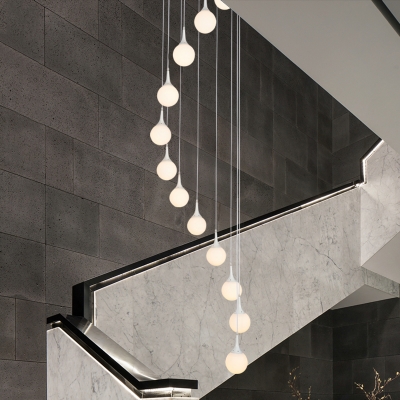 Minimalist Round/Square Cluster Pendant White Glass 12 Bulbs Stair Suspension Lighting Fixture