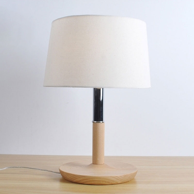 Modernism Drum Task Lighting Fabric 1 Bulb Small Desk Lamp in White with Wood Base