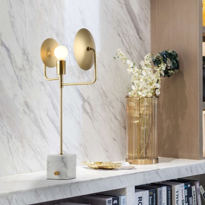 Modernism Flat Task Light Metal 1 Bulb Night Table Lamp in Gold with Marble Base
