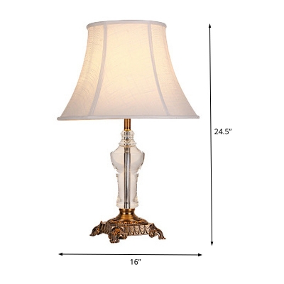 Paneled Bell Table Lamp Modern Fabric 1 Bulb White Desk Light with Brass Carved Metal Base
