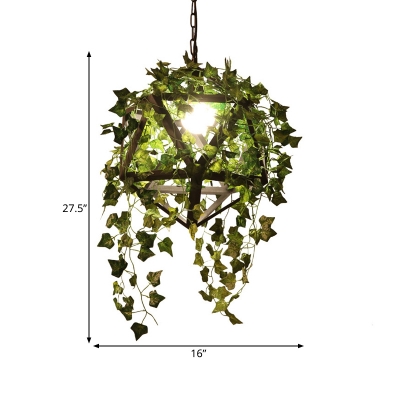 Retro Geometric Hanging Pendant Light 1 Bulb Metal LED Suspended Lighting Fixture in Black with Leaves Decor