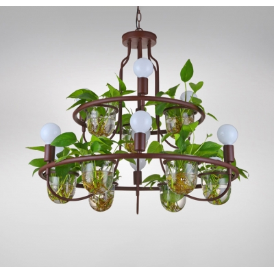Round Living Room Chandelier Lighting Industrial Metal 4/7/10 Heads Coffee Hanging Light with Plant Decoration