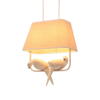 Rustic Style Tapered Shade Hanging Light with Bird Decoration 1/2/3 Lights Fabric Pendant Lamp in Beige