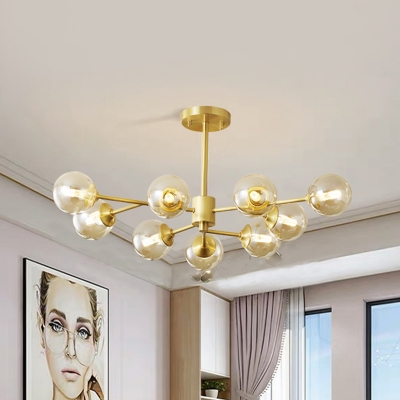 Spherical Clear Glass Hanging Lighting Modern 9-Bulb Brass Finish Sputnik Chandelier Pendant Lamp