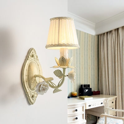 Tapered Living Room Sconce Lamp Traditional Metal 1/2 Lights Beige Flower Wall Lighting with Fabric Shade