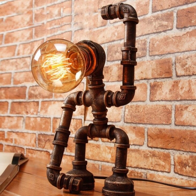 Vintage Hand-Raising Robot Small Desk Light 1-Head Metallic Night Table Lamp in Rust