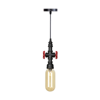 1 Bulb Amber Glass Pendant Vintage Black Capsule Coffee Shop LED Suspension Light with Pipe Design, 3