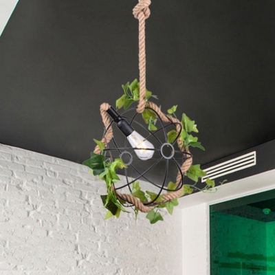 1 Bulb Ball Pendant Light Vintage Black Metal LED Plant Hanging Lamp for Restaurant