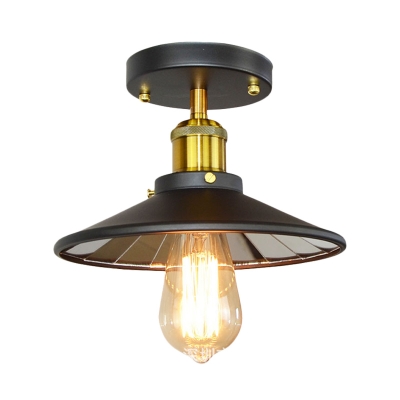 1 Bulb Flush Mount Light Vintage Bedroom Semi Flush Ceiling Lamp with Flared Iron Shade in Black