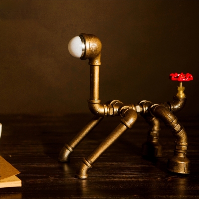 1-Head Nightstand Light Industrial Dog Robot Metallic Task Lamp in Brass for Bedside