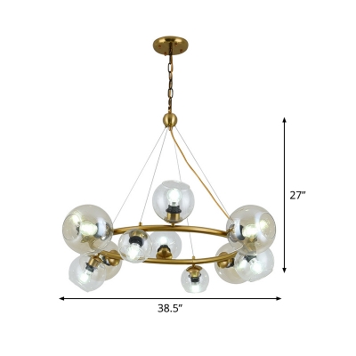 12-Bulb Living Room Chandelier Simple Brass Ring Design Suspension Light with Round Clear Glass Shade