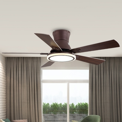 5-Blade Coffee LED Ceiling Fan Light Fixture Traditional Metallic Circle Flush Mounted Lamp for Bedroom, 48