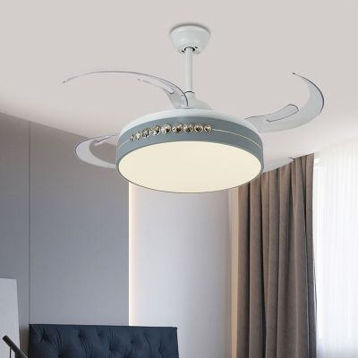 8-Blade Grey Drum Semi Flush Lighting Minimalism Metallic LED Pendant Fan Lamp for Living Room, 42