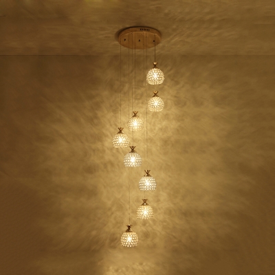8 Bulbs Stair Cluster Pendant Modern White Hanging Light Fixture with Dome Clear Crystal Shade