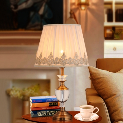 Beige Flare Crystal Table Light Modern 1 Bulb Fabric Small Desk Lamp with Metal Base