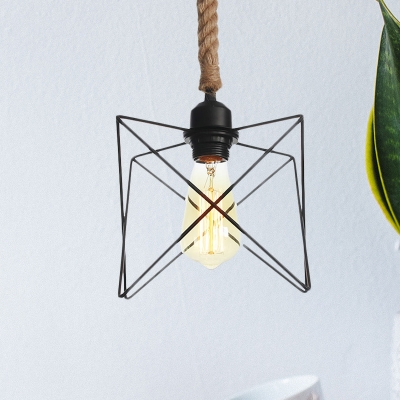 

Black Caged Pendant Lamp Industrial Metal 1-Head Corridor Suspension Light with Rope Cord, HL597966