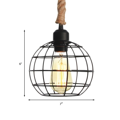 Black Caged Pendant Lamp Industrial Metal 1-Head Corridor Suspension Light with Rope Cord