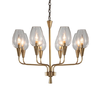 Brass Cup-Shape Ceiling Chandelier Modern 8 Heads Clear Glass Hanging Pendant Light with Radial Curved Arm