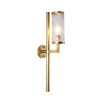 Brass Cylinder Sconce Lighting Modern 1 Head Clear Water Glass Wall-Mount Lamp with Pencil Arm