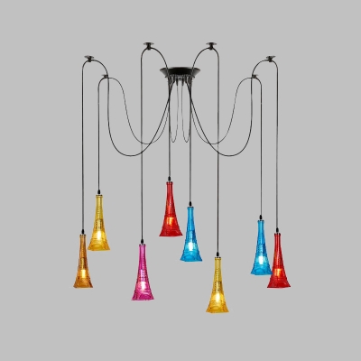 Colorful Glass Black Cluster Pendant Lamp Eiffel Tower Shape 8 Lights Art Deco Swag Hanging Light