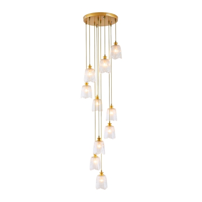 Contemporary 10 Heads Cluster Pendant Gold Barrel Hanging Ceiling Light with Clear Prismatic Glass Shade