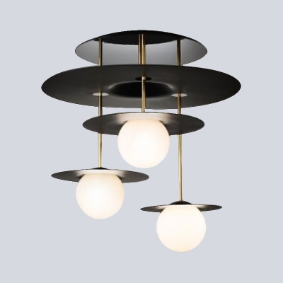 Contemporary Disk Semi Flush Lighting Metal 3 Heads Living Room Close to Ceiling Lamp in Black with Orb Opal Glass Shade
