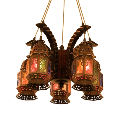 Copper 5 Heads Chandelier Lighting Traditional Metal Lantern Hanging Ceiling Light for Living Room
