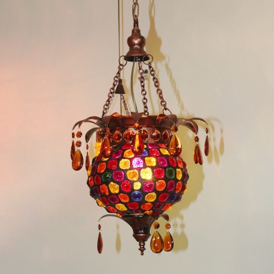 Copper Urn Hanging Light Tradition Metal 1 Bulb Pendant Lighting Fixture with Amber Crystal Teardrop