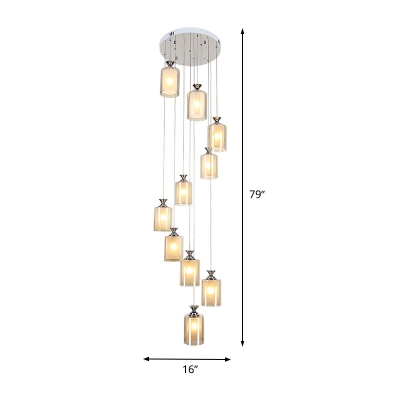 Cylinder/Globe Multi Light Pendant Modernism Amber Glass 10 Bulbs Silver LED Ceiling Lamp for Stair