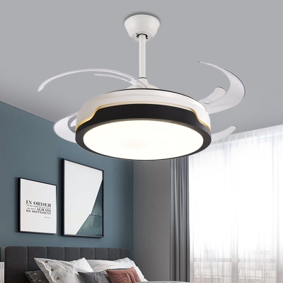 Drum Acrylic Semi Flushmount Contemporary Living Room 4 Blades LED Ceiling Fan Light in Black/Wood, 48