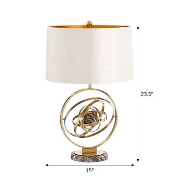 Drum Table Light Modern Fabric 1 Head Nightstand Lamp in White with Round Marble Base
