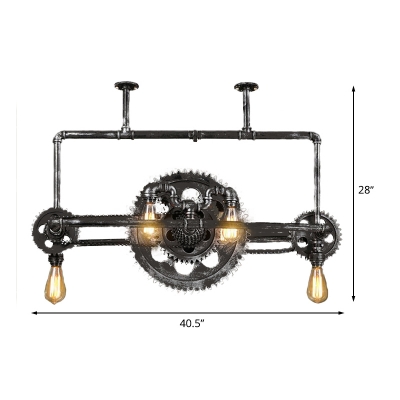 Industrial Water Pipe Island Pendant Light 6 Heads Iron Hanging Ceiling Lamp in Black with Gear Deco