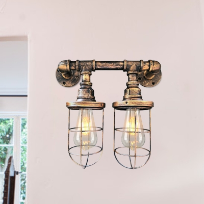 Metal Wire Cage Wall Light Fixture Industrial 2-Bulb Coffee Shop Sconce Lamp in Black/Brass