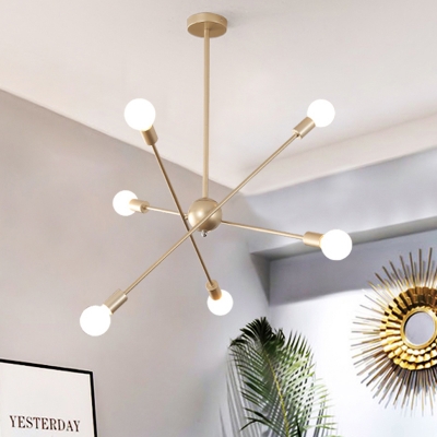 Minimalist Linear Ceiling Chandelier Metal 6-Bulb Living Room Suspended Pendant Light in Brass