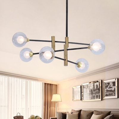 Modern 6-Light Linear Hanging Lighting with Clear Glass Shade Brass Globe Chandelier Pendant Lamp