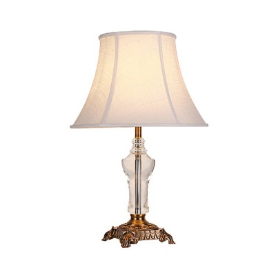 Paneled Bell Table Lamp Modern Fabric 1 Bulb White Desk Light with Brass Carved Metal Base