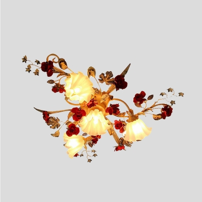Pastoral Scalloped Ceiling Mounted Fixture 4 Lights Metal Flower Semi Flush Mount Lighting in Coffee