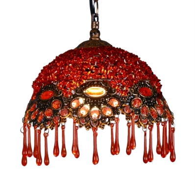 Red Carved Hanging Lamp Art Deco Metal 1 Bulb Ceiling Pendant Light with Crystal Teardrop