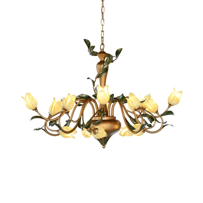 Romantic Pastoral Tulip Chandelier Lamp 15 Heads Metal LED Down Lighting Pendant in Gold for Dining Room