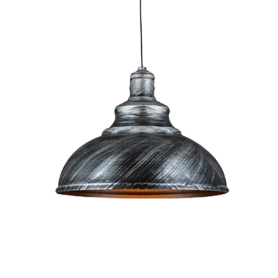 Rustic Bowl Shape Pendant 1-Light Metallic Ceiling Hang Fixture in Silver/Bronze with Pulley