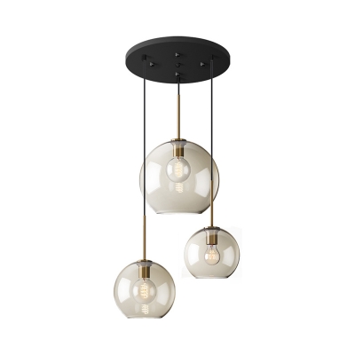 Spherical Cluster Pendant Lighting Modern Amber Glass 3 Heads Black Down Lamp with Round Canopy