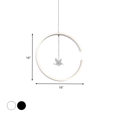 White/Black Ring Hanging Light Minimalist LED Acrylic Suspended Pendant Lamp with Bird Crystal Decor