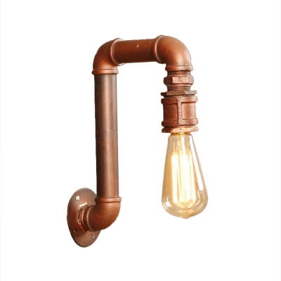 1-Bulb Wall Sconce Lamp Industrial Water Pipe Metallic Wall Mount Light in Coffee with Right Angle Design